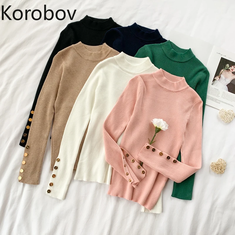 

Korobov Autumn New Arrival Solid Women Sweater Korean Long Sleeve Single Breasted Pullovers Turtleneck Basic Sueter Mujer 78699