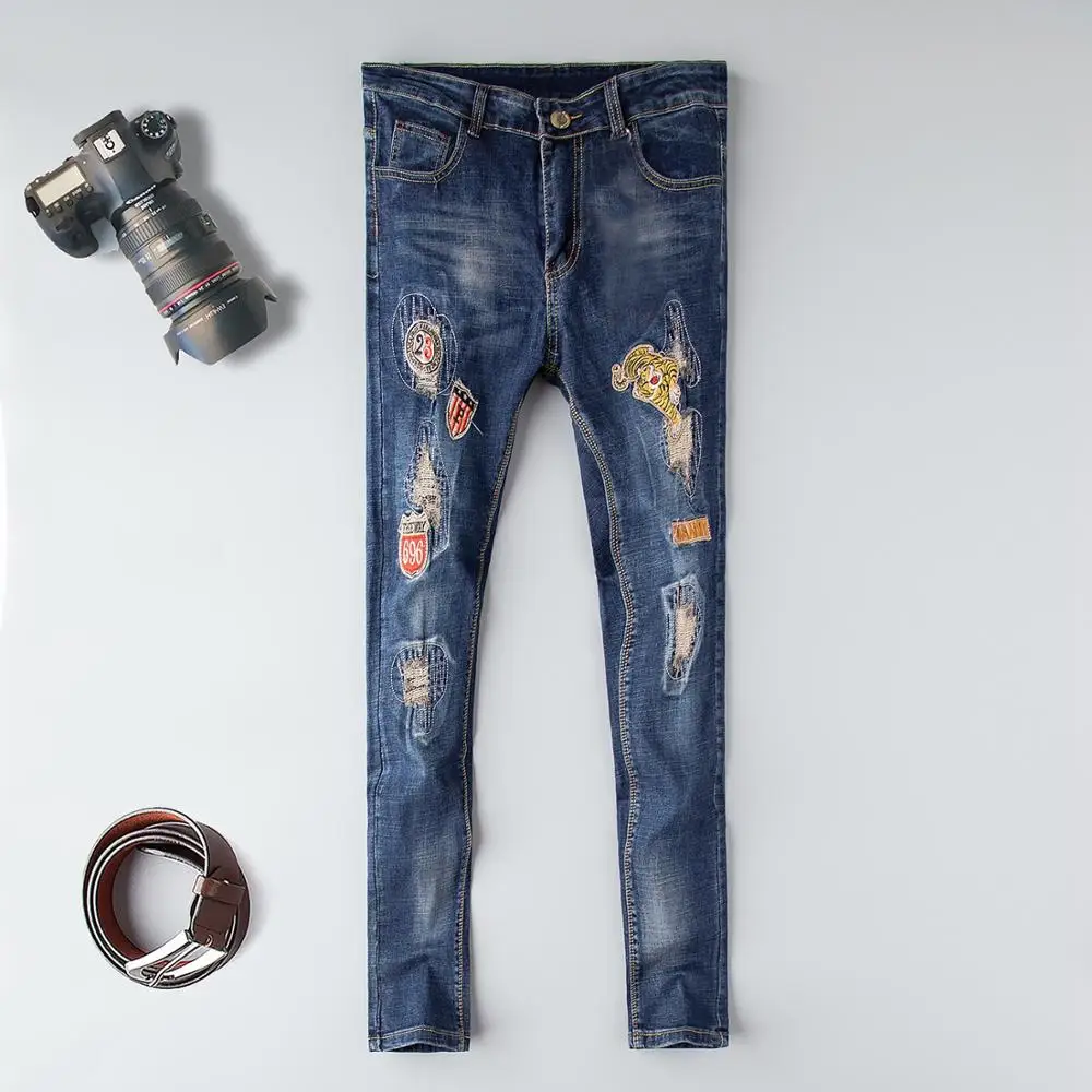 

Pencil pants men jeans 2019 moto biker ripped distressed embroidery homme denim trousers plus size 38 blue slim fit jeans male