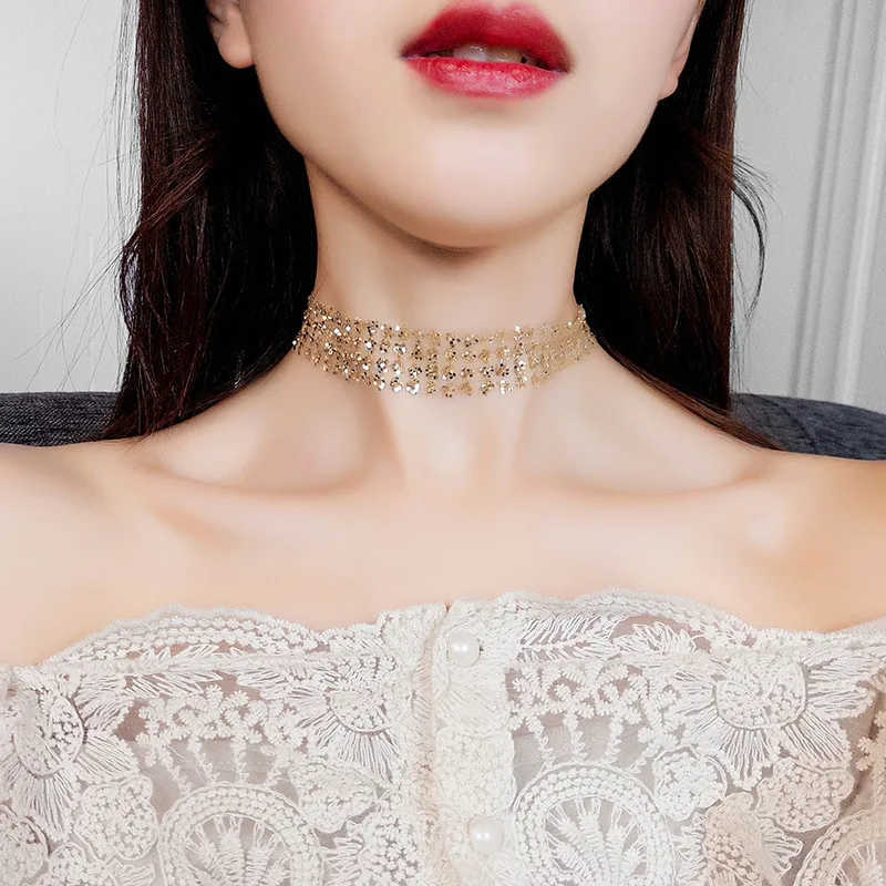 Gold Sequin Choker Collar Necklace Photos