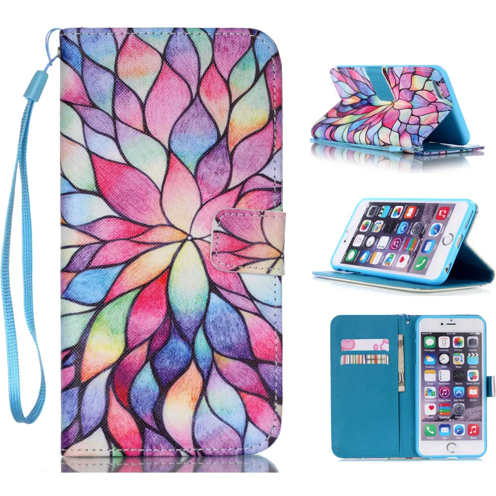 Wallet PU Leather Folio Patterned Wallet Case Cover Card Slots for iPhone 7 8 6 6s Hand Strap Capa For iPhone SE iPod Touch 6 5 (2)