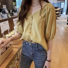 New Plus Size Women Sleeve Loose Blouse Casual Shirt Summer Chiffon Yellow White Red Button Shirts Tops