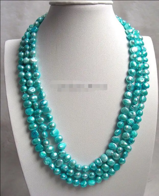 

Free shipping hot sale Women Bridal Wedding Jewelry >>Charming 3rows sky blue Baroque FW pearls necklace