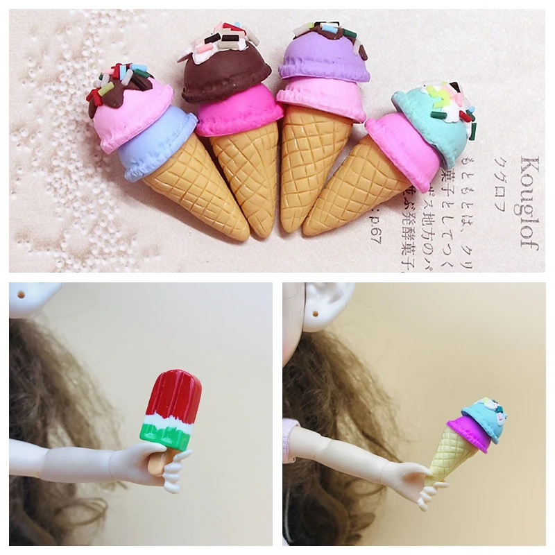 

2PCS/lot Cute 1/6 Scale Miniature Ice-cream Resin Ice-cream cone Pretend Food for 1/6 1/8 1/12 dollhouse play kitchen food