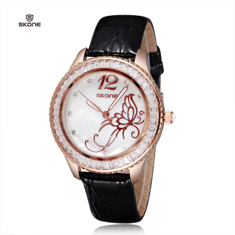 2016 New Arrival Famous Brand Leather Watch Women Rhinestone Imported Japan Quartz Shell Dial Watch