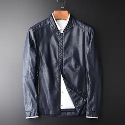 Minglu новые мужские Модные Куртки из искусственной кожи пальто Высокое качество тонкий стенд воротник простой сплошной цвет синий Мужская