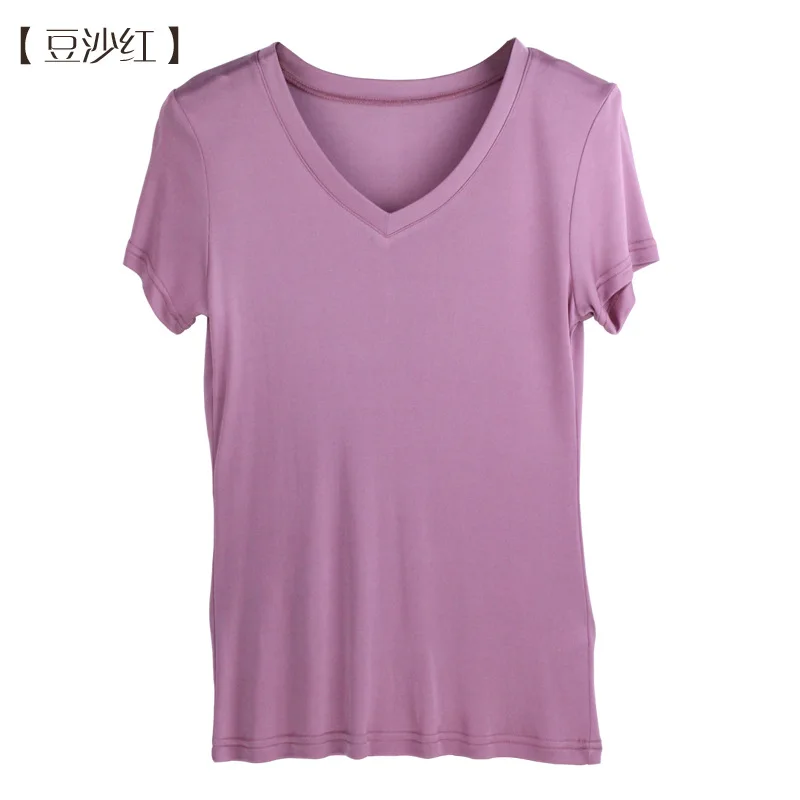 Летняя женская футболка Натуральный шелк повседневная трикотажная рубашка с коротким рукавом Удобная дышащая свободная футболка с V-образным вырезом 1008 - Цвет: Bean Red
