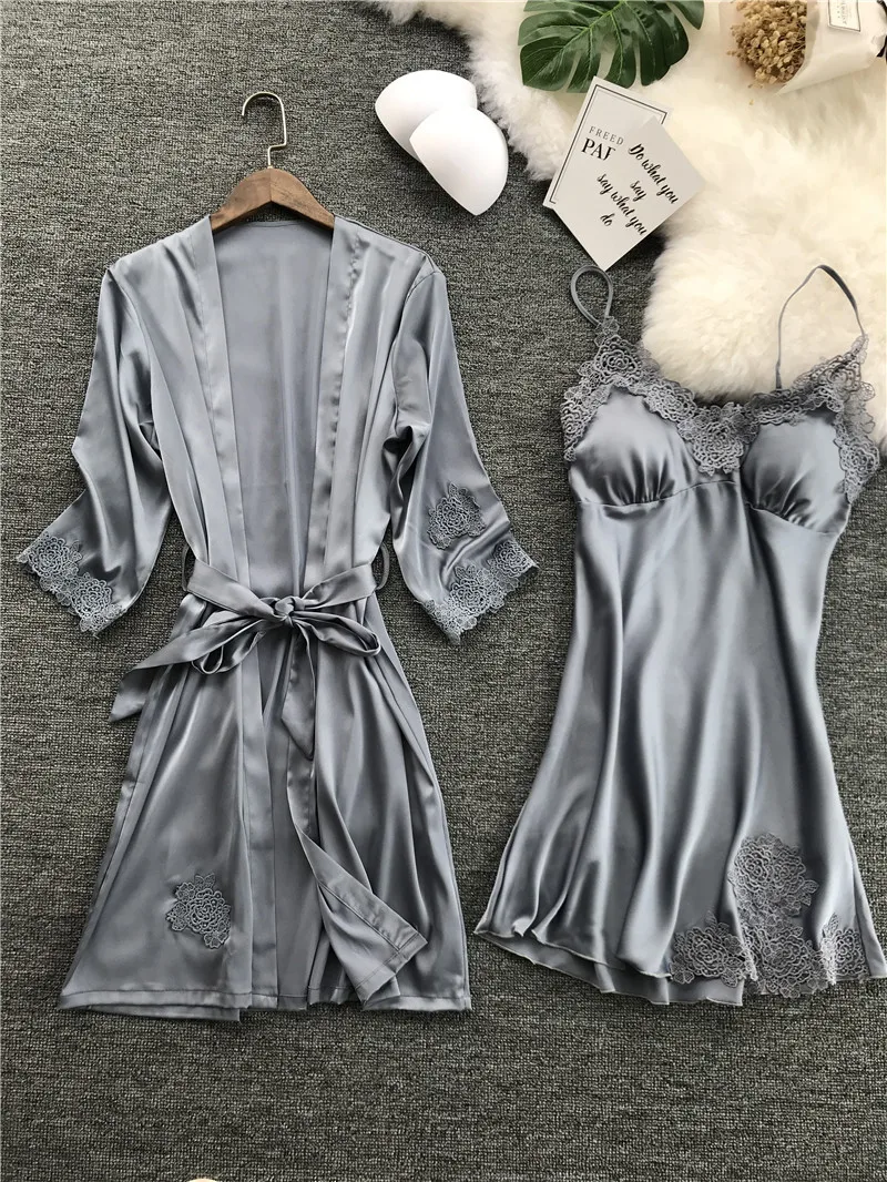ZOOLIM шелковый халат с накладками на груди, сексуальное кружевное Ночное платье, халат, женский ночной халат, набор, ночная сорочка, домашнее платье, платье для сна - Цвет: Grey