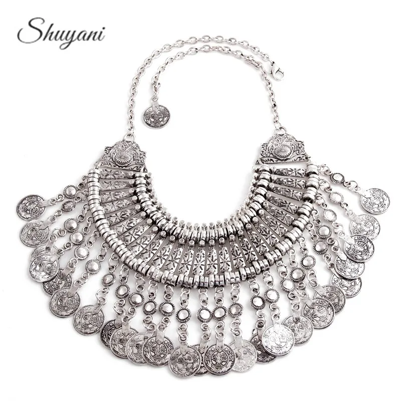 

Fashion 2016 Behomia Exaggerated Necklaces & Pendants Multi-layers Silver Tassel Statement Necklaces Women Turkish Coins Jewelry