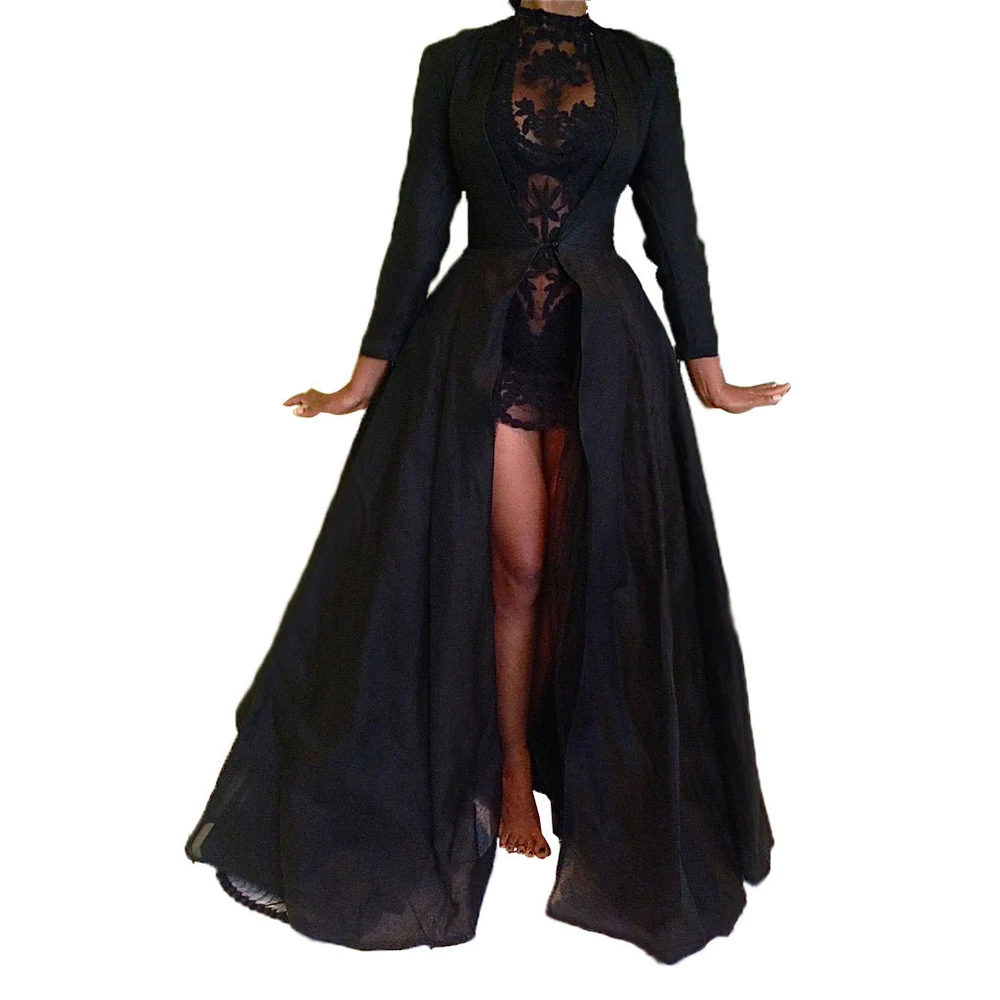 

KLV New High Quality Sexy Gothic Lace High Waist Sheer Jacket Long Dress Gown Party Costume Lady Autumn Dress Black