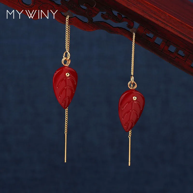 Женские длинные серьги MYWINY медные цепочки с натуральными камнями летние