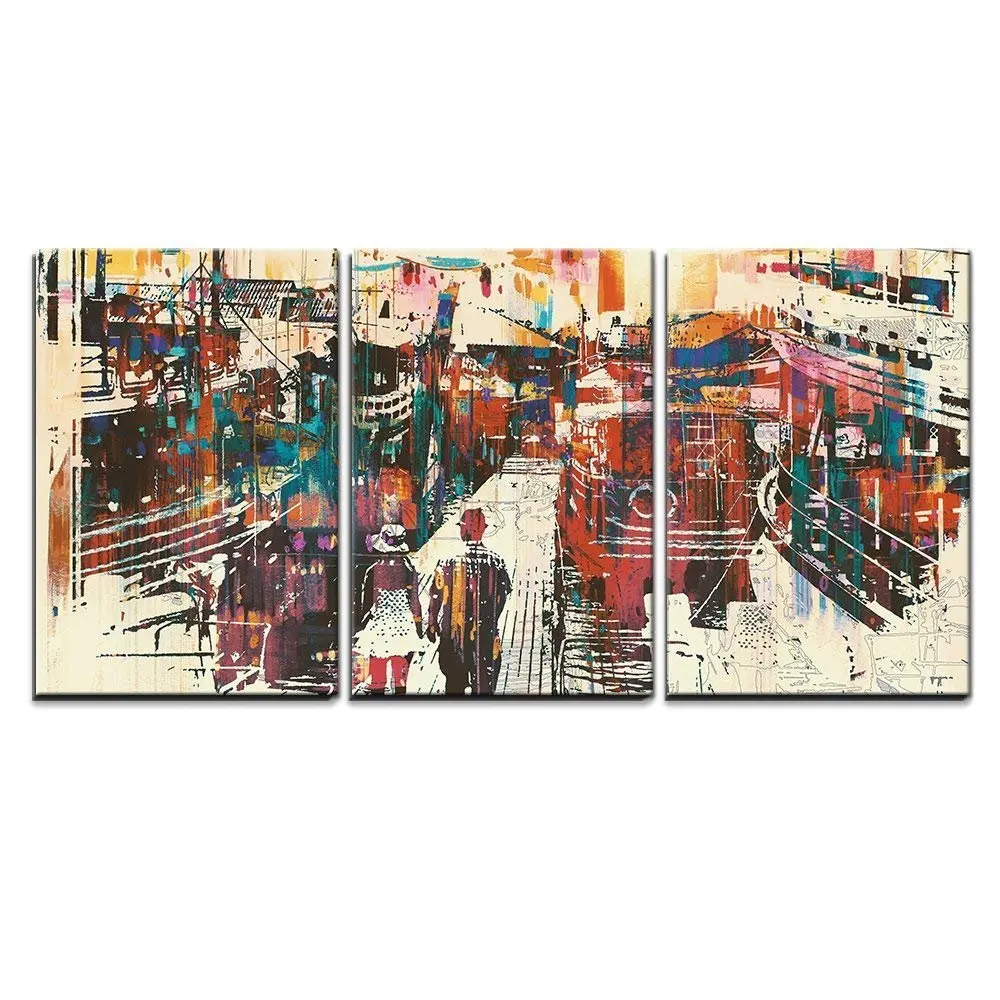 Панно из 3 частей Art пара ходить на гавань Pier с яркими корабликами иллюстрация