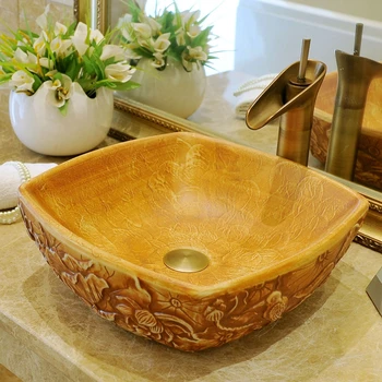 

Square Europe Style Ceramic wash basin bathroom sinks Engraving countertop sinks