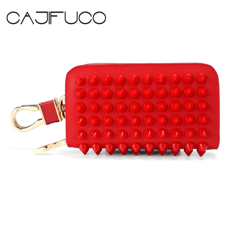 

CAJIFUCO Japan Korean Women Stud Key Holder Wallet Genuine Leather Key Leather Wallet Car Key Wallet Rivet Coin Purse Keychain