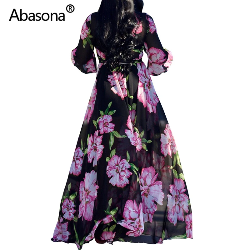 Abasona, шифоновое женское летнее длинное пляжное платье, цветочный принт, макси платье, большой подол, пояс, v-образный вырез, элегантные вечерние сексуальные платья для вечеринок