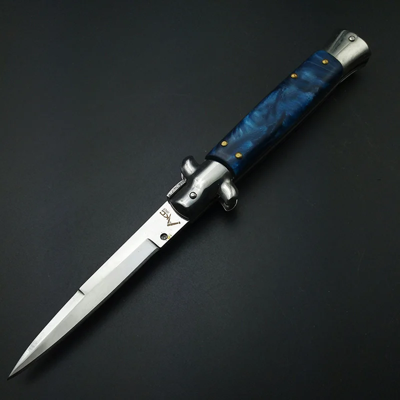 Рождественский подарок, складной нож, карманный нож, охотничий нож для путешествий, элегантный синий титановый резиновый инструмент с ручкой крестного отца на шпильке - Цвет: silver handle