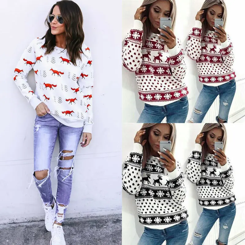 Fashion Women Snowflake Deer/ Fox Print Sweatshirt Jumper