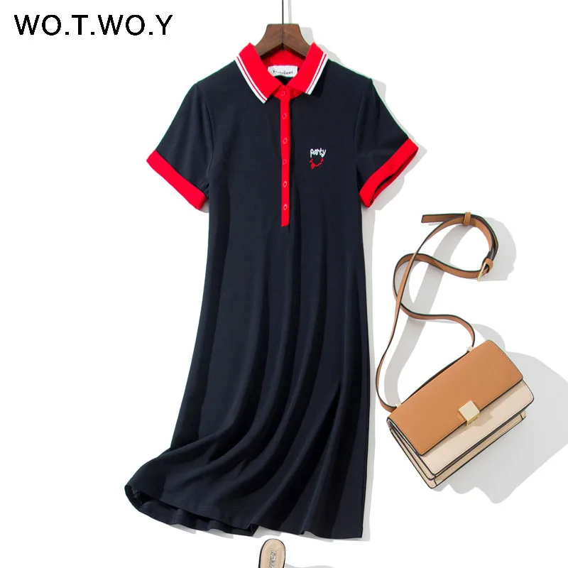 Online WOTWOY verano bordado Polo vestidos mujeres negro más tamaño medio pantorrilla vestido manga corta suelta Casual rodilla vestido de longitud