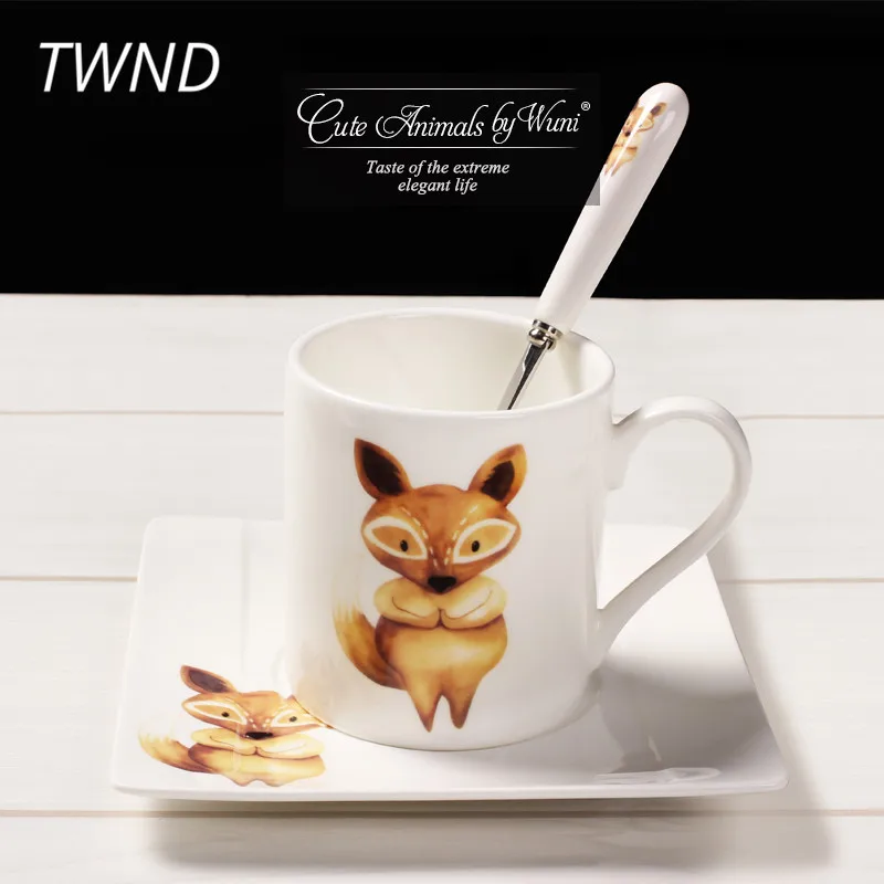 200CC Cute animals coffee mugs with spoon plate sets bone china tea cups saucer ceramic