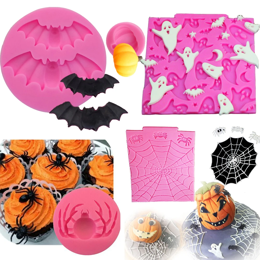 

Gothic Halloween Mold Fondant Cake Silicone Mold Spider Web Pumpkin Ghosts Bat Chocolate Fimo Clay Candy Molds Kitchen Baking