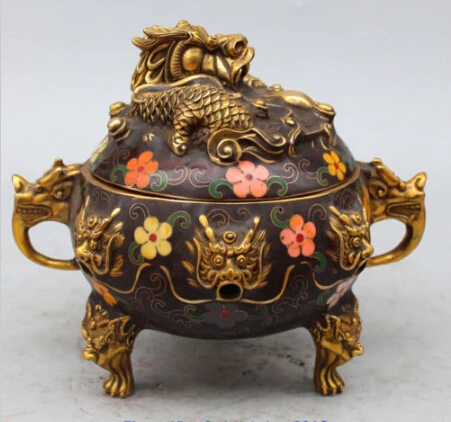 

JP S0122 9" Marked China Bronze Gilt Cloisonne Enamel 9 Dragon Ball incense burner Censer