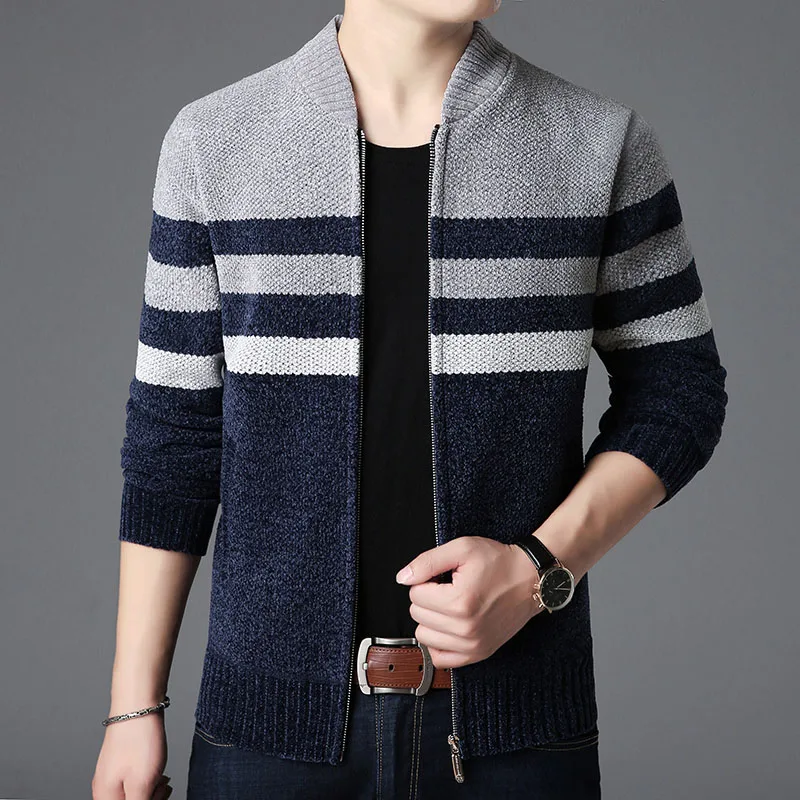 Новинка, модный брендовый мужской свитер Kardigan, в полоску, Облегающие джемперы, вязанные, толстые, зимние, корейский стиль, повседневная одежда для мужчин - Цвет: Gray Blue