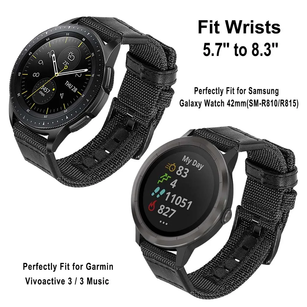 Ремешок из нейлона и натуральной кожи для Samsung Galaxy Watch 42 мм Gear Sport Garmin Vivoactive