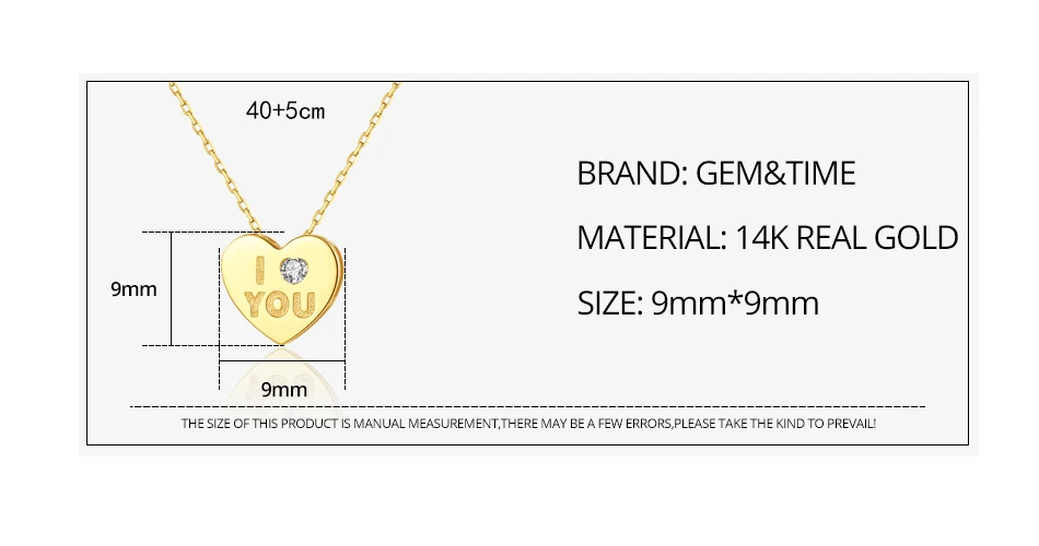 Gem& Time 14k Золотое короткое ожерелье с подвеской в виде сердца с надписью «Love You» Для женщин CZ циркониевое Очаровательное ожерелье ювелирные изделия из желтого золота N14132