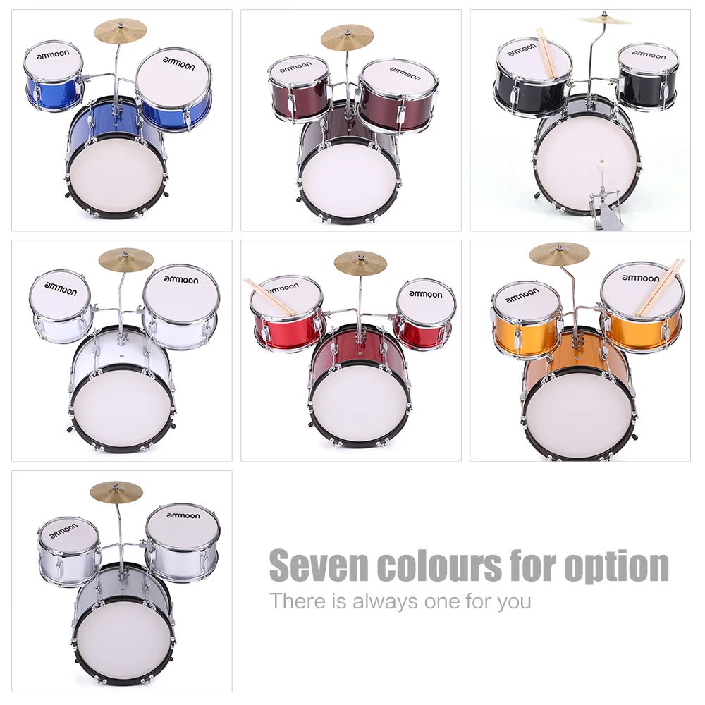 Ammoon 3-Piece Drum Kit Дети Junior Drum Set ударный музыкальный инструмент с тарелки барабанные палочки регулируемый стул