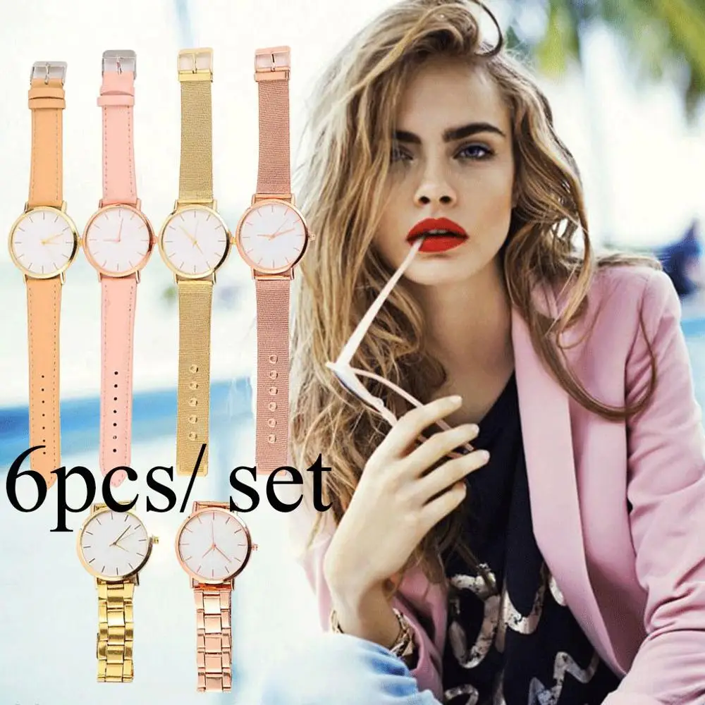 

6PCS Combination Mesh Belt Steel Strip Leather Belt Watch Simple Style Watch