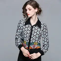 Для женщин s Топы корректирующие Корейский осень шифоновая блузка геометрический принт с длинным рукавом блузки для малышек