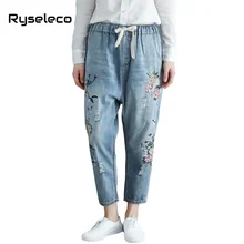 Для женщин вышитые джинсовые брюки Женская мода плюс размеры цветочный узор птица рваные эластичный пояс повседневное регулярные джинсы для