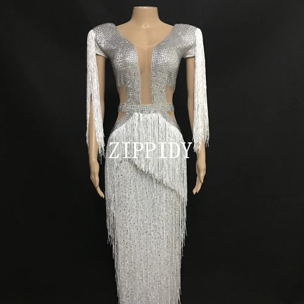 

2019 Silver White Tassel Rhinestones Long Dress Women Sexy Stage Costume One-Piece Fringes Dress Female Celebrate Outfit