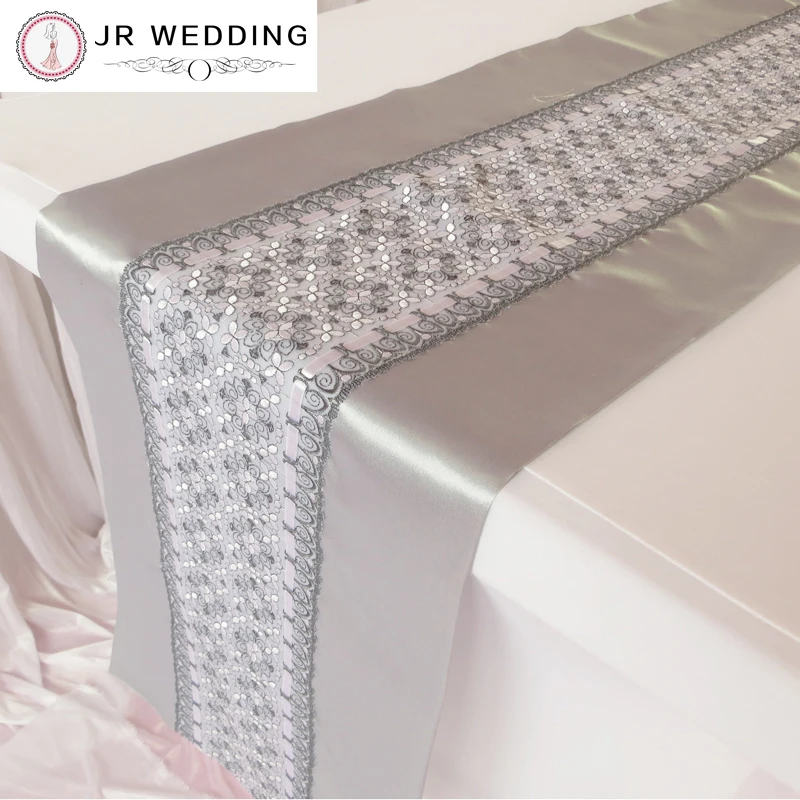 Fashion Double Layers Silver Satin and Lace Table Runner For Party in