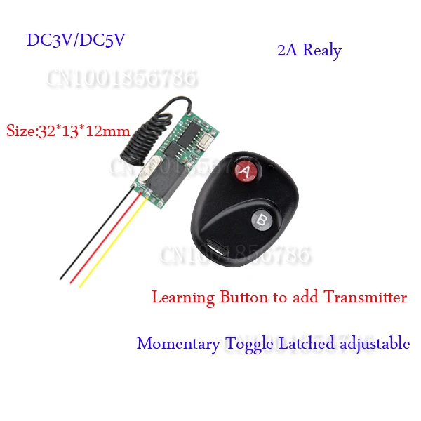 

Mini Small Volume Remote Control Switch System Micro DC3V-5V Relay Receiver Transmitter Momentary Toggle Latched Learning Code