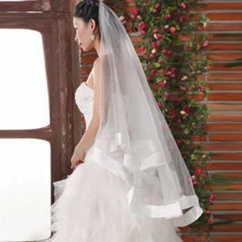 

Ribbon edge veil for wedding 2 layers ivory white elbow bridal dresses veil wr202