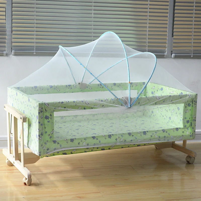 Simple Solid Wood Crib Baby Cradle Portable Infantt Bed Children's Bed Nets with Mosquito Net Roller 0-2month