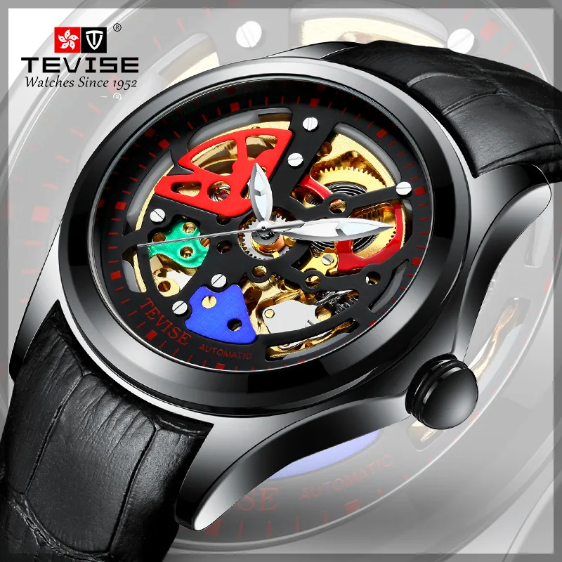 

Orignal Tevise Fashion Montre Homme Men's Skeleton Automatic Mechanical Watches Gift Box Free Ship
