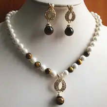 Серебряный крючок женский очаровательный 8 мм с белыми жемчужинами/тигровый глаз камень серьги ожерелье ювелирные украшения набор