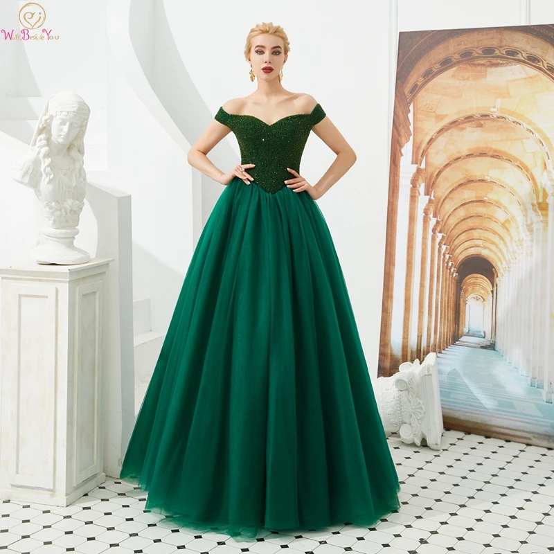 

2019 Hunter Green A Line Evening Dresses Boat Neck Luxurious Beaded Formal Party Elegant Off Shoulder Long Gowns robe de soiree