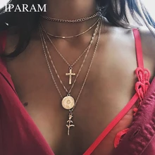 IPARAM Moda Múltiplas Camadas Cruz Colares Para As Mulheres Charme da Cor do Ouro Colar Gargantilhas Collares Boho Jóias da Fêmea Do Partido(China)