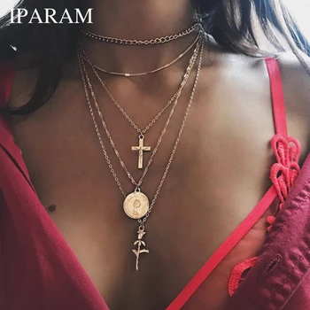

IPARAM Fashion Multiple Layers Cross Necklaces For Women Charm Gold Color Chokers Necklace Boho Collares Female Party Jewelry
