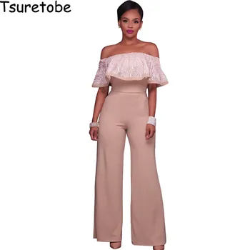 

Tsureobe New Summer Ruffles Rompers Womens Jumpsuit High Waist Off Shoulder Overalls Sexy Wide Leg Elegant Jumpsuit Female