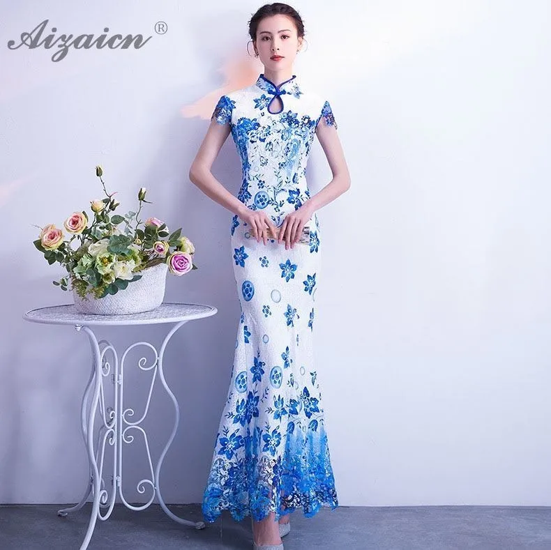 Модерано sirena azul Banco largo Cheongsam las mujeres chino vestido de noche Qipao Longue Femme Chinoise винтажные платья