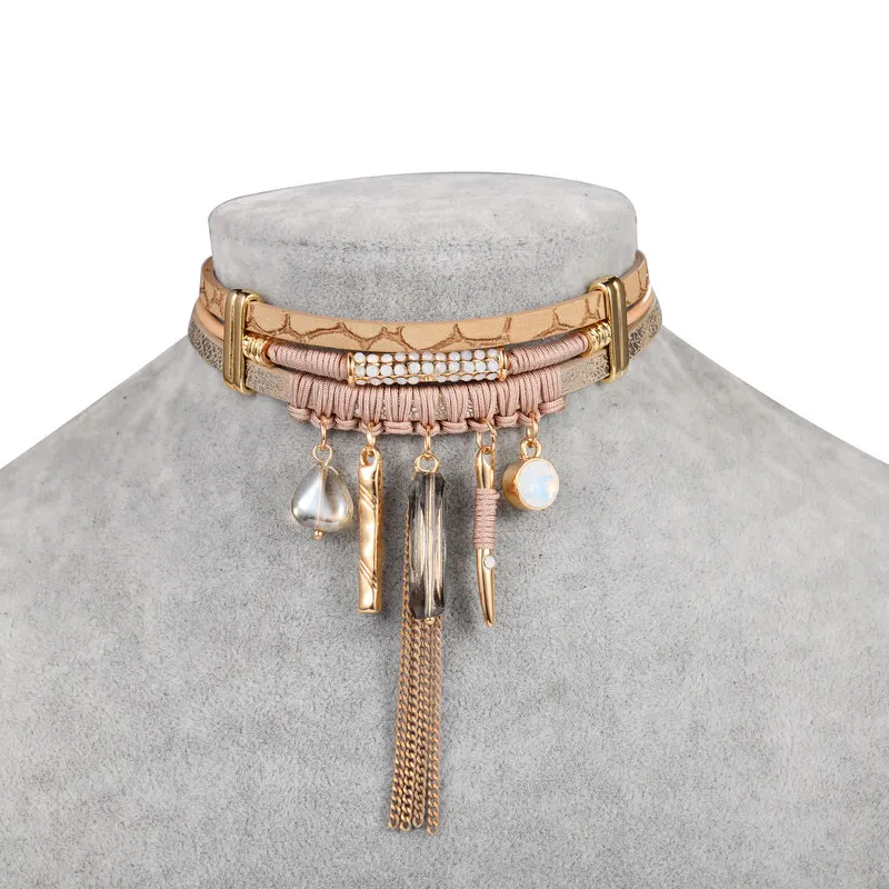 Bohemian Tassel Choker Necklace With Brown Leather Chain*