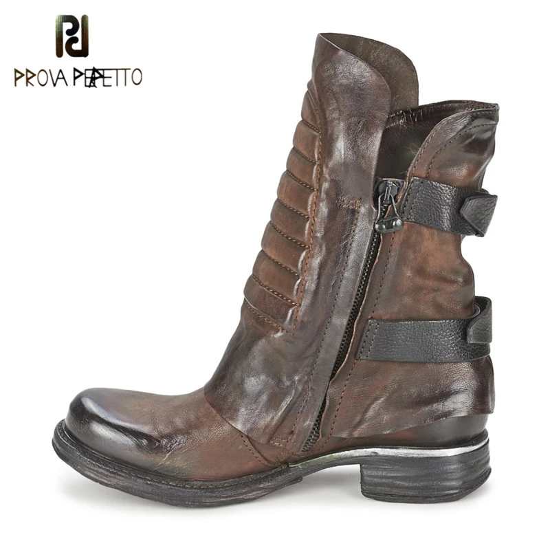 

Prova Perfetto 2018 European Retro Design Martin Boots Genuine Leather Woman Boots Buckle Strap Chunk Sole Zipper Short Boot