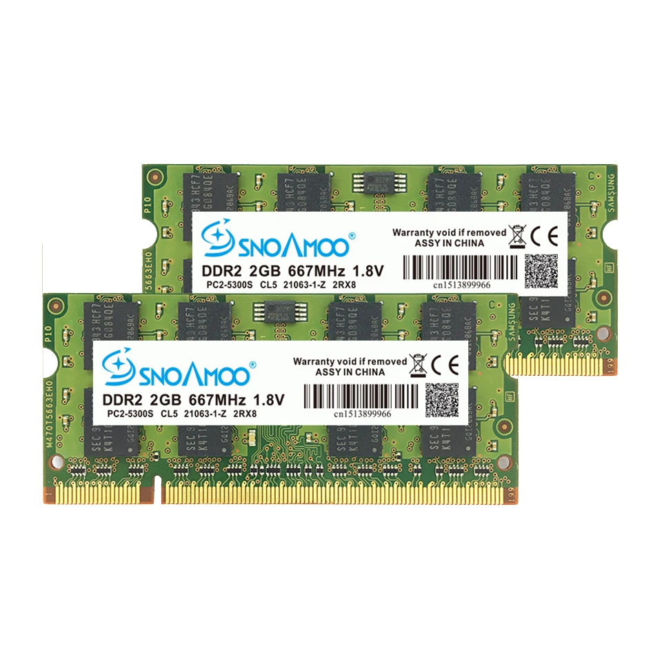 SNOAMOO DDR2 1GB 2GB 667MHz Laptop RAMs PC2-5300S 800MHz PC2-6400S 200Pin CL5 CL6 1.8V 2Rx8 SO-DIMM Computer Memory Warranty