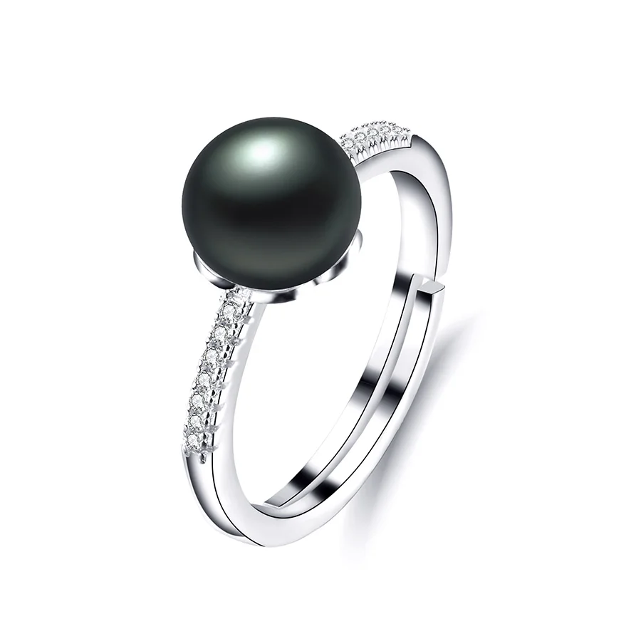 Lindo, классика, серебро 925, обручальные кольца для женщин, элегантные, натуральный, свободный жемчуг, ювелирное изделие, высокое качество, Кристальное кольцо, регулируемое, 8-9 мм - Цвет камня: black pearl