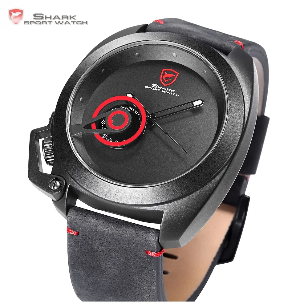 Tawny SHARK Sport Watch Red Date Crown Guard Design Male Luxury Genuine Leather Wrist Watches Mens Fashion Quartz Relogio /SH446