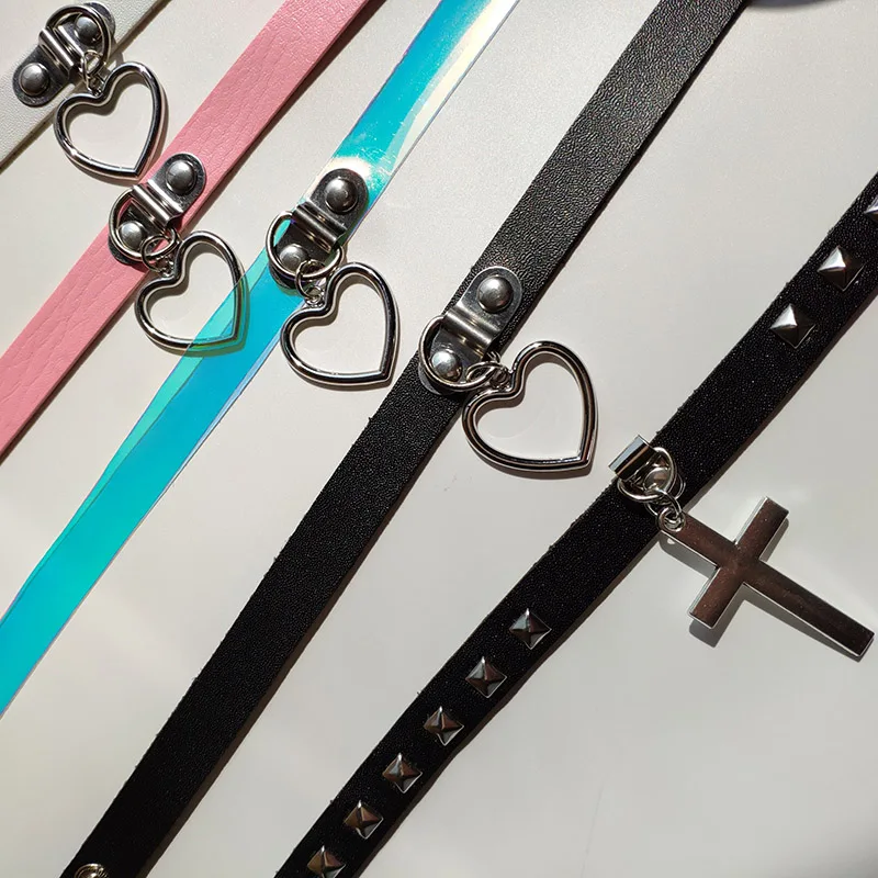 LOVE Hot Punk cross Collar Choker Bell Round Necklace Heart black PU Leather Punk Goth Handmade Neck Jewelry