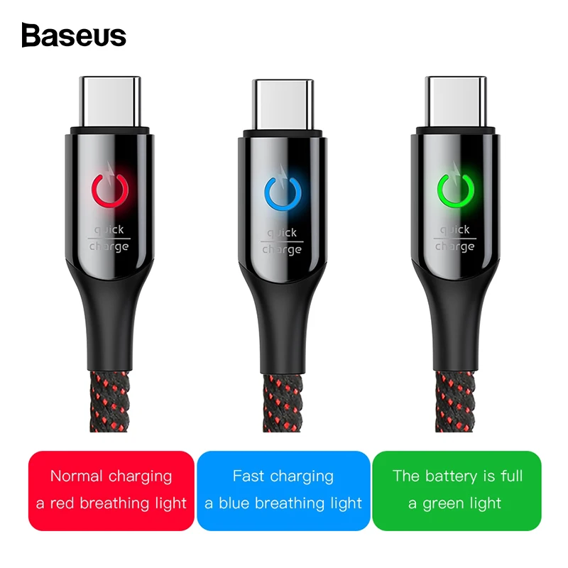 Cable Baseus 3A Smart Power Off USB C para OnePlus 6 Huawei Xiaomi Quick Charge 3,0 tipo C Cable de sincronización de datos Cable LED tipo c